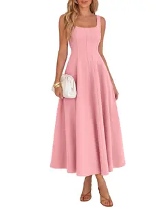 BTFBM Elegant Cocktail Dresses for Women 2026 Summer Square Neck Sleeveless A Line Formal Wedding Guest Party Maxi Dress
