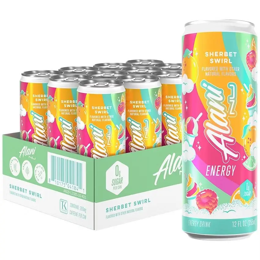 Alani Nu Sugar-Free, Low-Calorie Carbonated Sport Energy Drink Cans - 24-Pack, 12 Fl. Oz. Sherbet Swirl, Vegan, Biotin Supplement, Contains Carbonated Water, Citric Acid, Taurine, Sucralose, No Added Sugar, Brain-Energizing Sports Drink