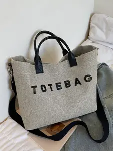 New Women's Large Capacity Letter Decorated Tote Bag, Simple Casual Design, Handheld Shoulder Strap, Suitable for Commuting, Class, Shopping, Business, Reusable Tote, Commuter Tote Bag