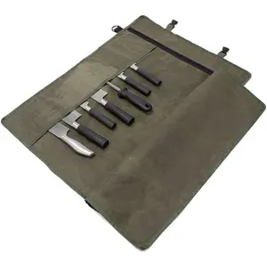 Waxed Canvas Chef Knife Roll Bag Portable Knife Cutlery Carrier Knife Case Pouch Holder With 10 Slots 1 Zipper Pocket Holds Home Kitchen Knife Tools Up To 18.8"