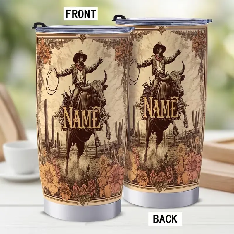 Personalized Dual Tumbler Travel Mug Set with Custom Name - Vintage Cowboy Bucking Bull Art Scene, Perfect Insulated Travel Mugs for Father's Day, Men's Birthdays