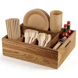 Acacia Wood Utensil Caddy – 6 Compartments Cutlery and Paper Plate Organizer for Kitchen, Countertop, Party, Camping, BBQ, Buffet, Wedding