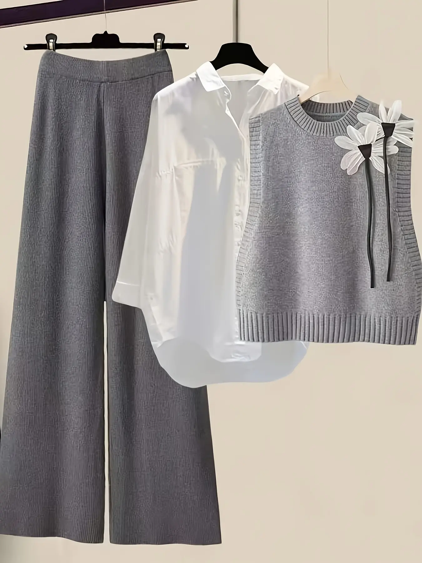 Women's Fashion Feminine Sweater Set, 3-Piece Casual Polyester Floral Knitwear, Cardigans with Bow Details, Long Sleeves, Crewneck, Fitted, Fall Winter Elegance, Outfit, Clothes