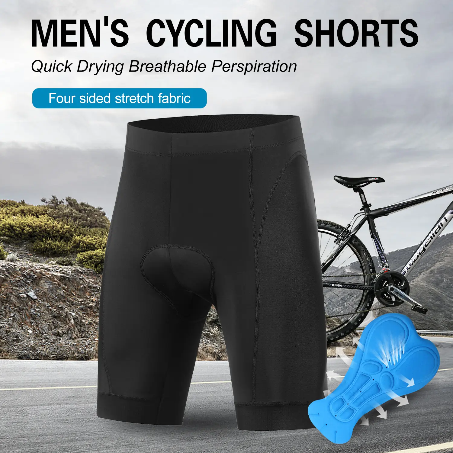 Male Cycling Shorts - Activewear Bottoms, Athletic Bottoms, Cycling Sports Wear, Sporty Chic - Stretchy, Breathable, Sweat-Wicking, Quick-Dry Fabric, Elastic Pressure-Relief Seat Cushion, Back Reflective Stripes - Suitable for Road, Mountain Biking