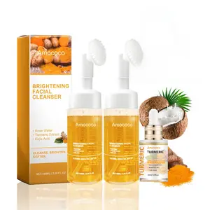 Amococo Turmeric Facial Cleanser Essence Oil Brightening Set - 100ml & 30ml - Rose Water Kojic Acid Moisturizing Skincare for Face & Body Comfort Cleansing