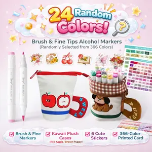 Bianyo 24-Color Brush & Fine Tips Alcohol Marker Set (Randomly Selected from the Full Set ), with Kawaii Plush Case (Red Apple / Brown Puppy), Includes 6 Stickers & 366-Color Printed Swatch Card