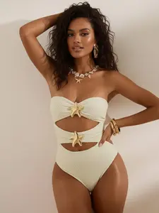 Women's Solid Color Fashion Starfish Decoration Removable Thin Straps Sexy Slimming One-Piece Swimsuit, Stylish Beachwear, Strapless Swimsuits, Summer Swimsuit, Bathing Suit