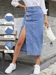 Women's Solid Color Button Denim Skirts, Casual Fashion Denim Skirts for Daily Wear, Ladies Bottoms for All Seasons