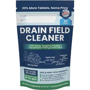 Drain Field Cleaner Tablets (20 Count) - Septic   for Clogs, Odor & Sludge - 90% Less Plastic - 10 Month  - Aerobic & Anaerobic Systems - Easy Flush