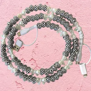 Checkered bow 4-in-1 Beaded Fast Charging Cable with Elegant Bow Design Durable Beads for Stylish Charging 3.4FT Universal Type C Lightning USB