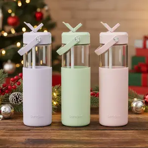 Sandjest Glass Water Bottle 20oz with Silicone Sleeve and Straw Lid, Reusable Portable Drinking Bottle for Home Office Travel Gym Sport Christmas Gift