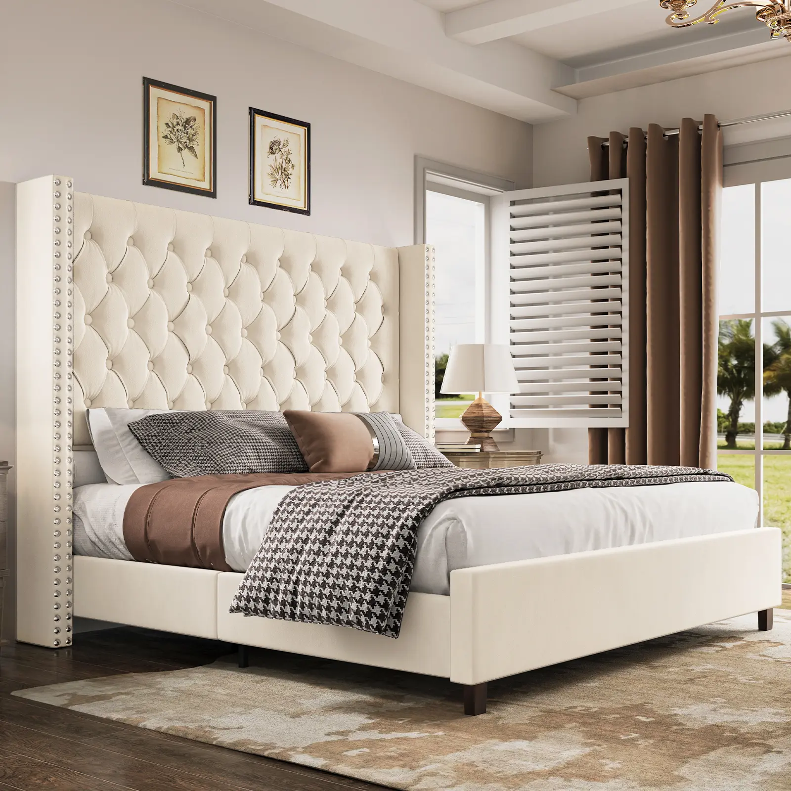 VanAcc Modern Bed Frame with 61.4" Tall Headboard, Upholstered Bed with Wingback Headboard, Velvet Tufted Handmade, Pleat Deep Button, No Boxspring Needed
