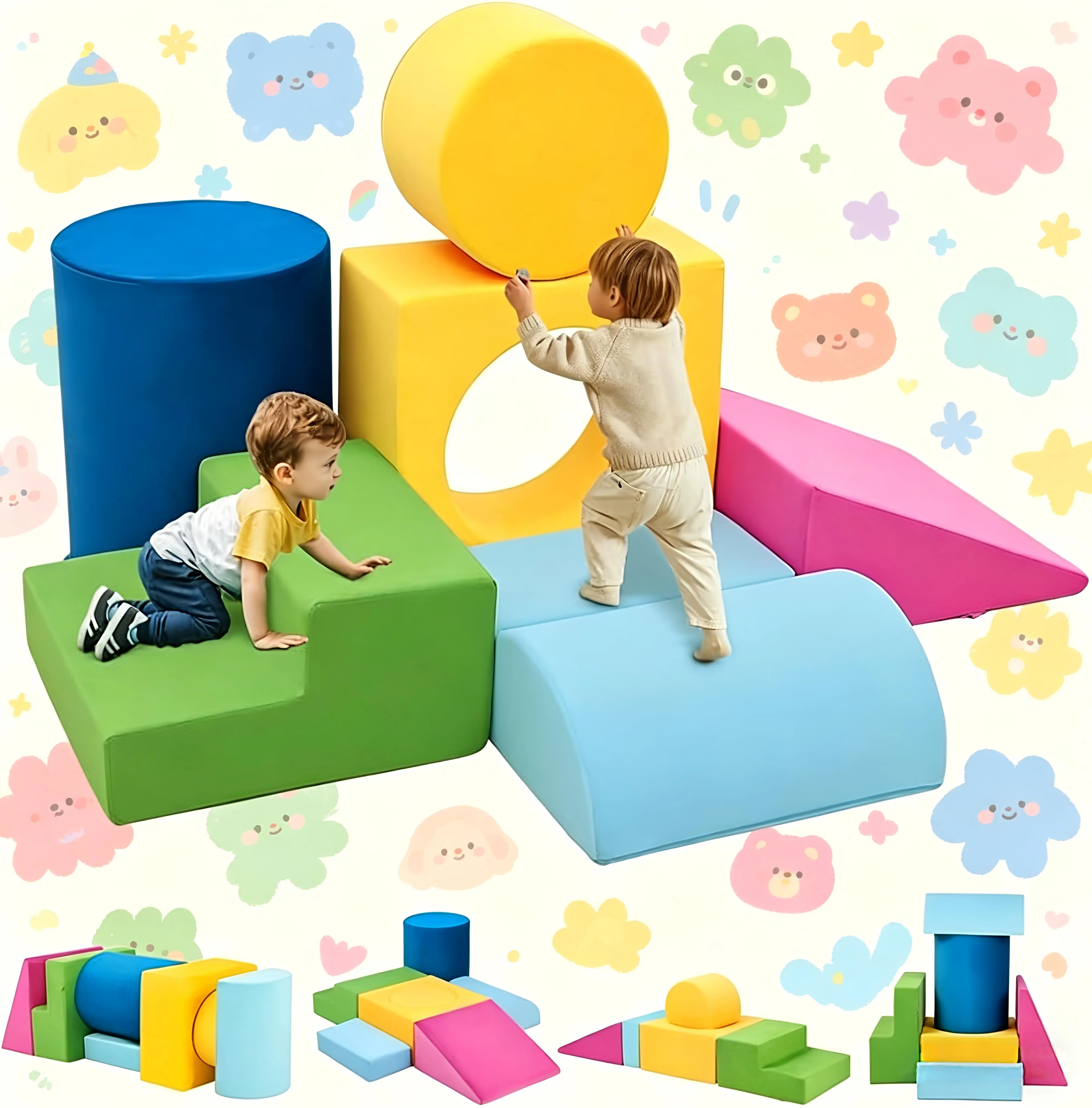 Winzoo 7-Piece Toddler Foam Climbing Playset, Indoor Modular Soft Colorful Blocks for Crawling, Sliding