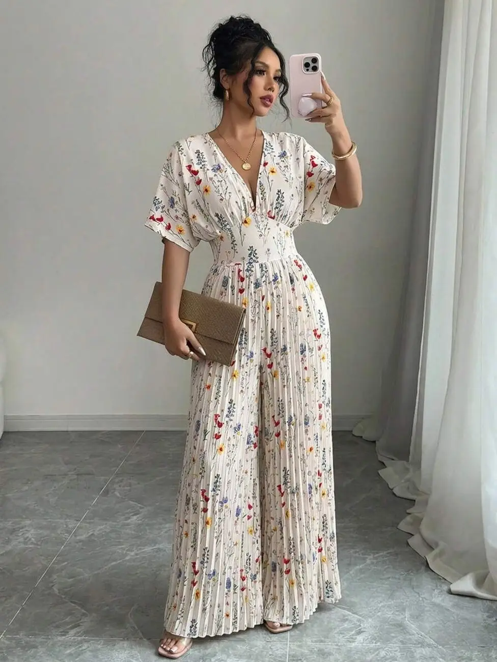 Printed Deep V-Neck Batwing Sleeve Pleated Elegant Women Jumpsuit