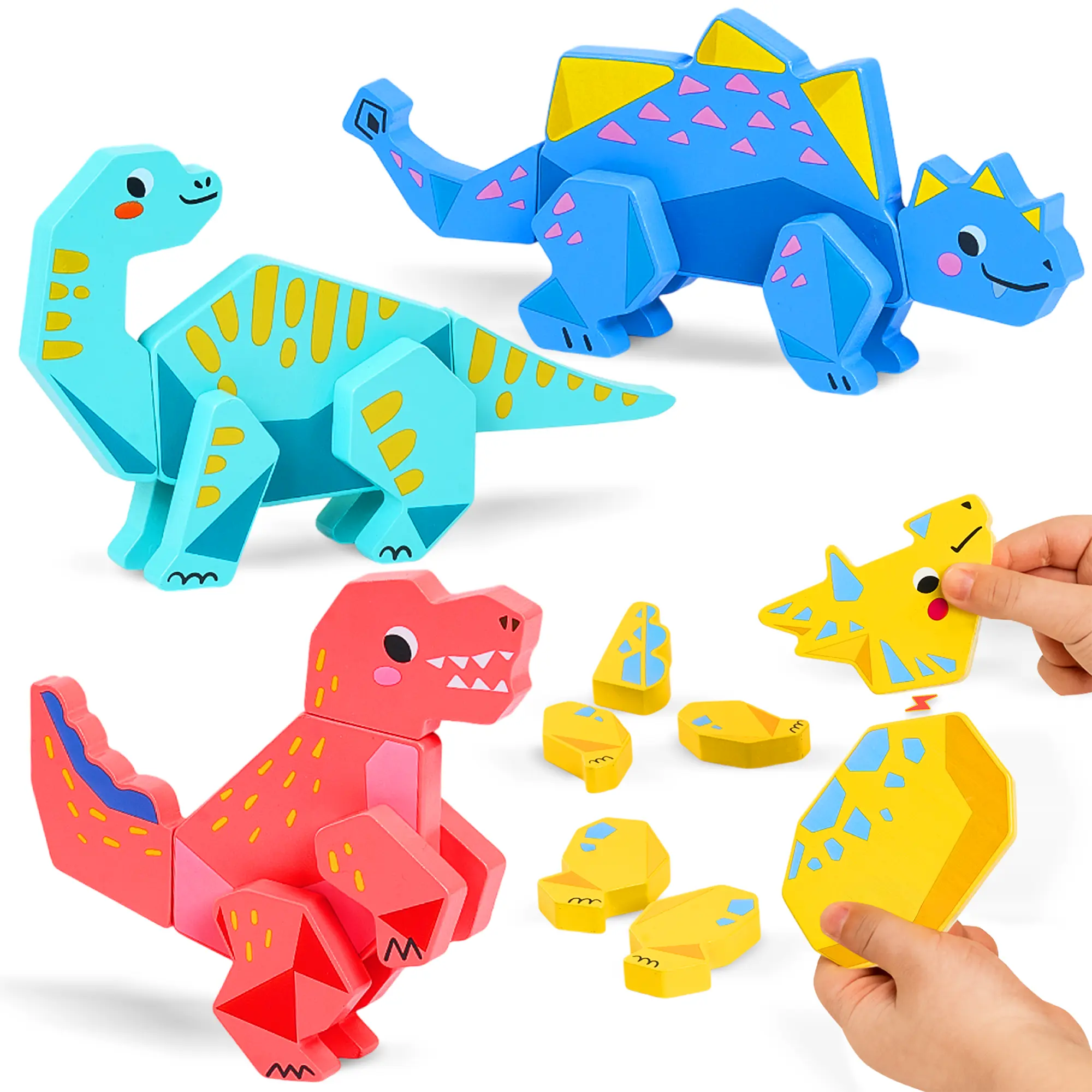 JoyCat Unisex Magnetic Wooden Building Block Set - Montessori STEM Early Learning Fine Motor Kids Toys, Creative Magnetic Blocks, Build 4 Designs or New Combos, Dinosaur for Toddlers 1-3 Gift