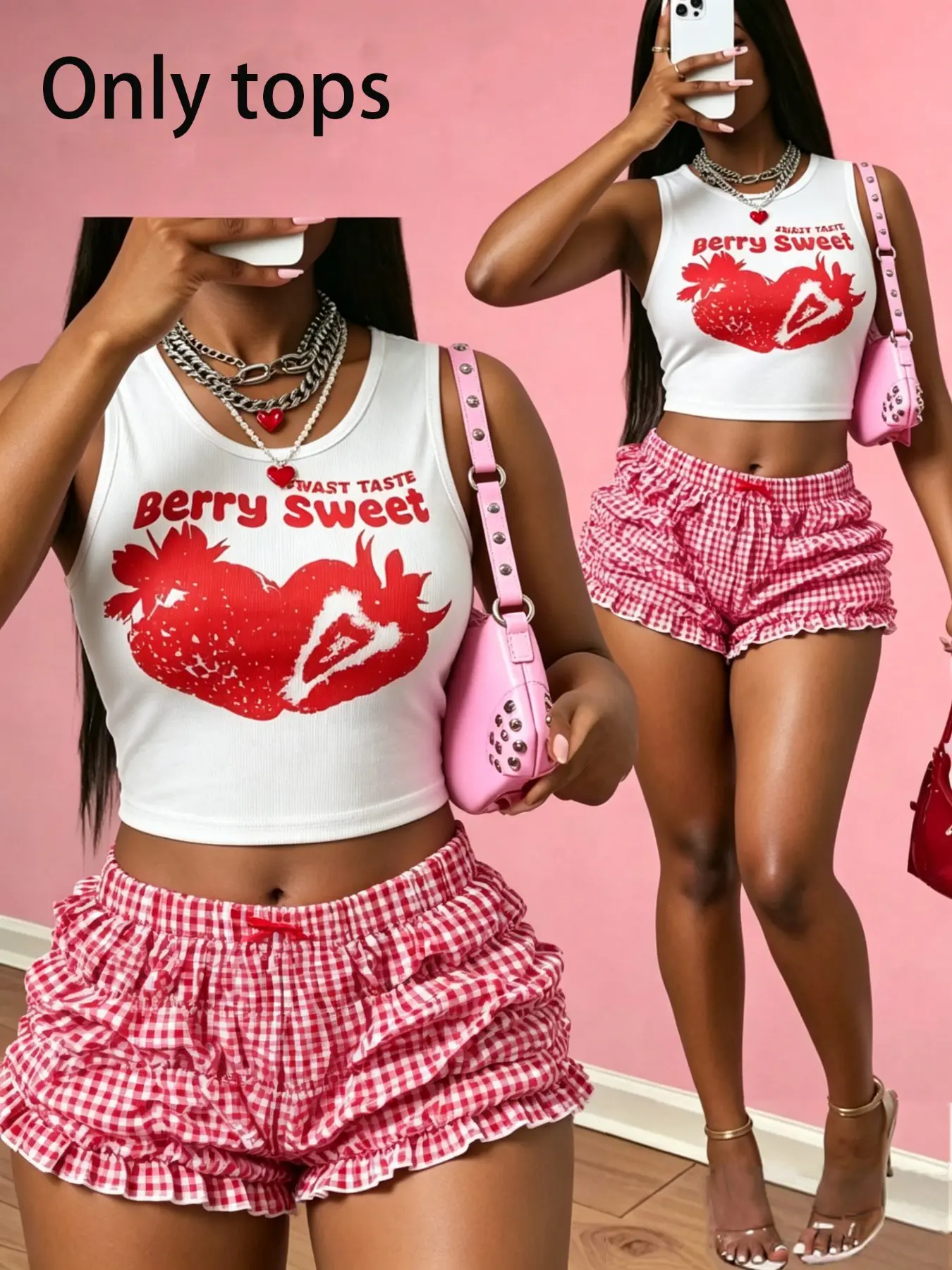 Trendy Y2K Strawberry Graphic Print Cropped Tank Top, Slim Fit Strappy Short Sleeve, Comfortable Sweet Casual Wear, Ideal for Daily and Beach