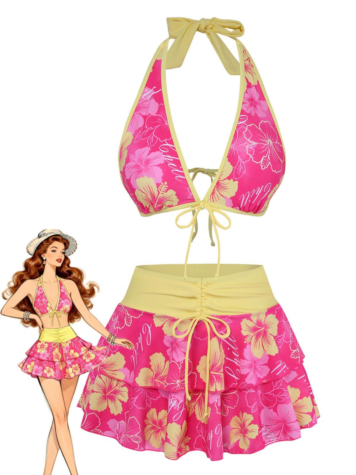 Pink 1960s Tropical Floral Print Tie-Front Layered Hawaii Bikini Set