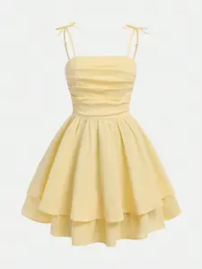 Teen Girls Solid Color Ruched Cami Dress Layered Hem Casual Graduation Dress Summer Outfit