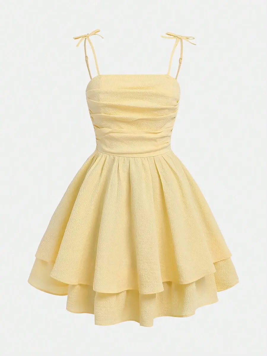 Teen Girls Solid Color Ruched Cami Dress Layered Hem Casual Graduation Dress Summer Outfit