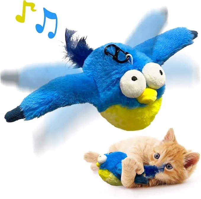 USB Rechargeable Smart Interactive Cat Toy - Touch-Activated Flapping Chirps Wings Plush Blue Bird with Catnip, Engages Play for Indoor Cats & Small Dogs
