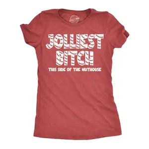 Womens Funny T Shirts Jolliest Bitch This Side Of The Nuthouse Sarcastic Christmas Graphic Novelty Tee For Ladies Funny Womens T Shirts Cute Vintage Fashion Casual Ladies T-Shirt Gift Christmas Tops for Women Red -