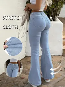 GILIPUR JEANS Women's High Waist Washed Elastic Flare Pants, Zipper Fly with Pockets, Button, Long Regular Fit for All Seasons,Tchic,Fashion,Winter,Womenswear