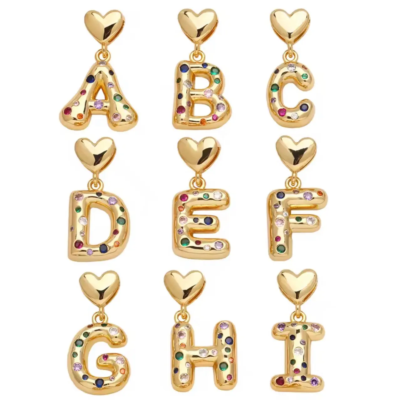 18K Gold Plated Bubble Initial Letter Charm Colorful CZ Heart Alphabet Pendant for Necklace or  Bracelet