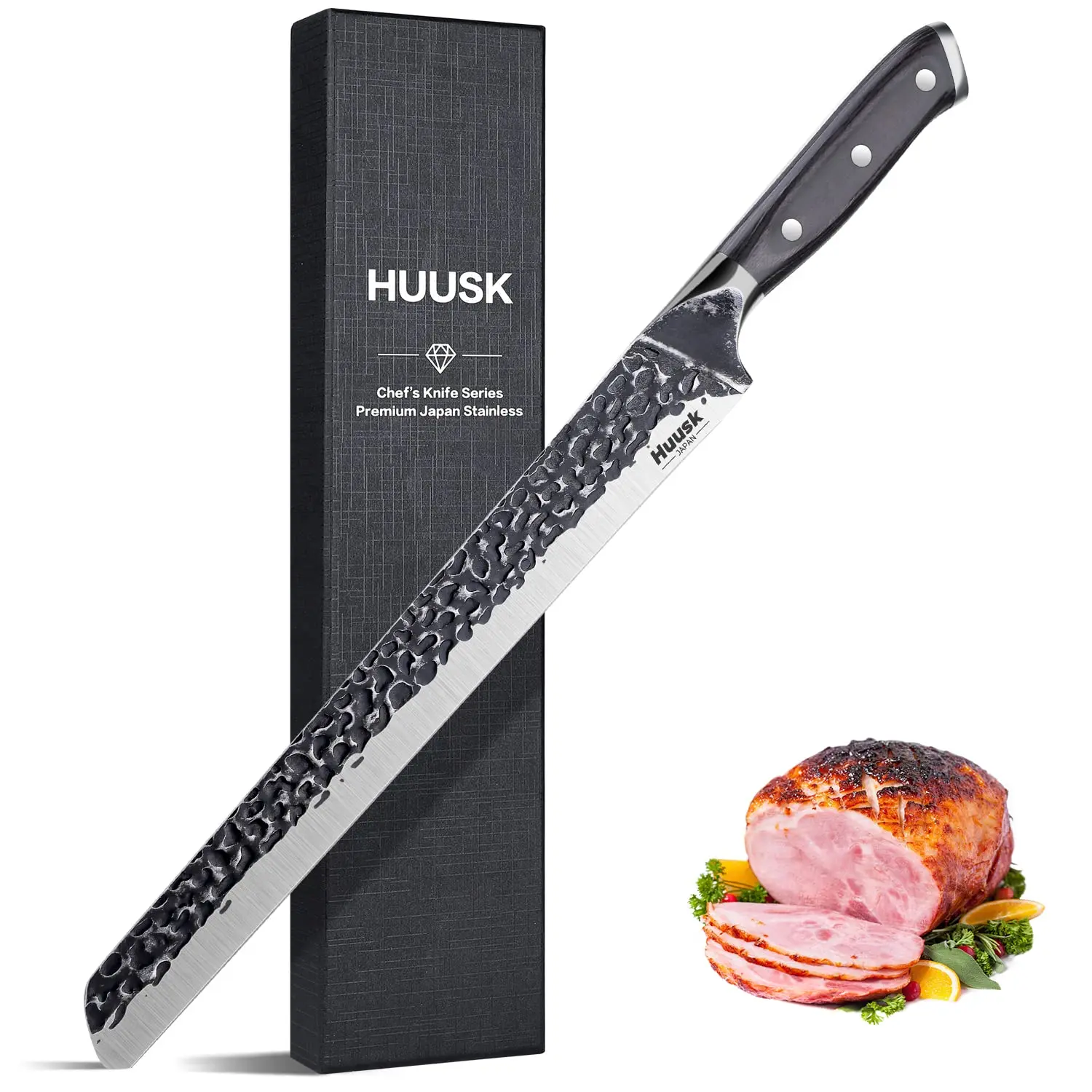 Huusk Culinary Knives, Long Slicing BBQ Knife for Roasts, Brisket & Pumpkin, Carving Knife, Steel Blade, Wooden Handle, Gift-Ready Kitchen Knife