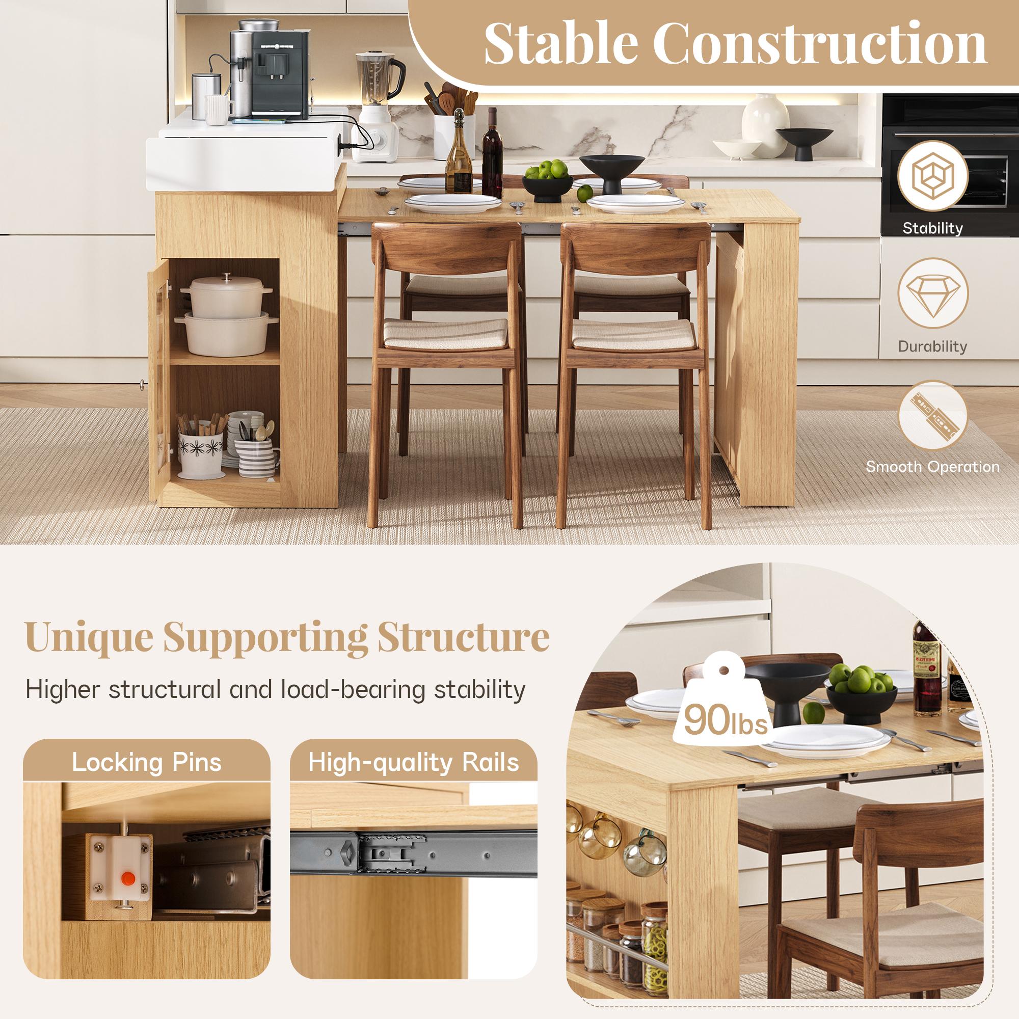 Rolling Kitchen Island & Extendable Dining Table with Folding Top & Power Outlet, Mobile Sideboard with Drawers, Hooks & Storage for Kitchen & Dining Room