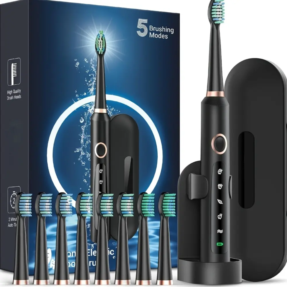 funM5 Sonic Electric Toothbrush for Adults - Rechargeable Electric Toothbrush with 8 Brush Heads & Travel Case, Power Electric Toothbrush with Holder, 3 Hours Charge for 120 Days Valentine'S Day Gifts Black