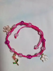 Handmade Macrame Bracelet - Pink Floral with Rose & Flower Charms