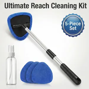 Extendable Triangle Window and Glass Cleaning Brush Tool Kit for Car Windshields and High Windows Includes 3 Microfiber Pads and Spray Bottle outdoorfun
