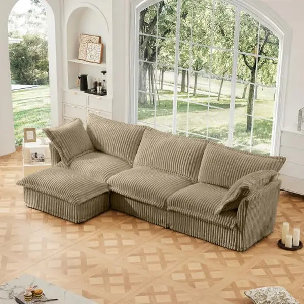【Sub 4 packages】Niccae L-Shaped Slipcovered Sectional Sofa Couch, Comfy Chenille Deep Seat Cloud Couch with Convertible Ottoman & 2 Big Pillows, Modern Oversized 3 Seater Slipcovered Sofa Set for Living Room Office, Cream