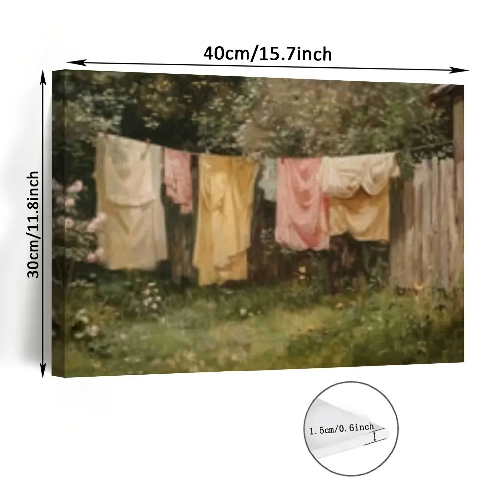 Antique Clothesline Scene Canvas Print Artwork - 40cm x 30cm Unframed Country Farmhouse Wall Art, Home Laundry Room-Kitchen Decoration, Post Ideas, Artistic