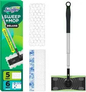 Swiffer Sweep & Mop Deluxe 2-in-1 Multi-Surface Kit for Floor Cleaning, Includes 1 Sweeper Device, 5 Dry Sweeping + 6 Wet Mopping Heavy Duty Cloths, Black-Spin Mop Bucket System with Wringer Adjustable