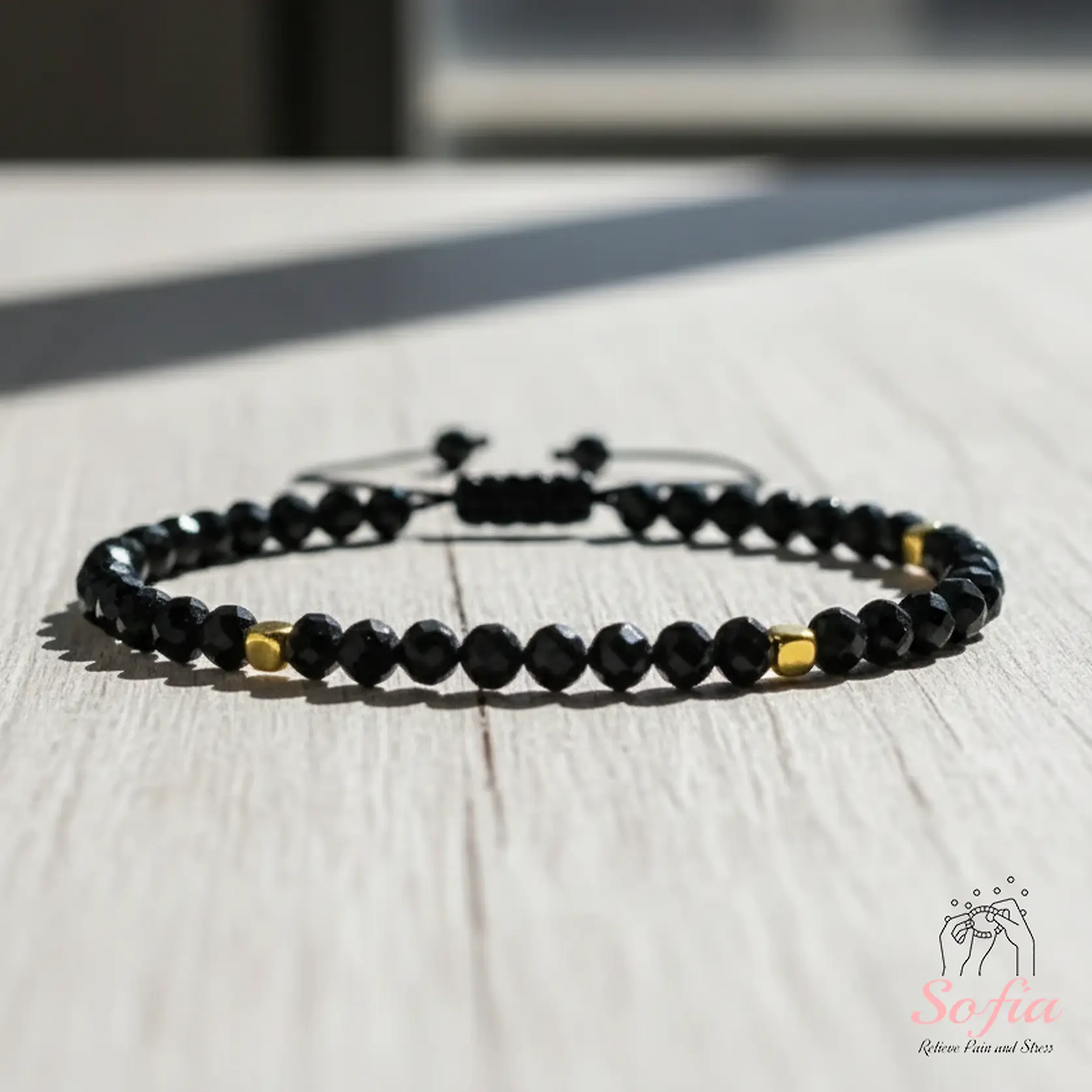 Sofia Natural Spinel Faceted Beading Bracelet, Black Crystal Braided Dainty Handmade Boho Minimalist Natural Gemstone Bracelet, Adjustable 6-7.5" Size for Daily Wear