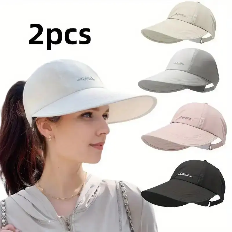 2-Pack UPF 50+ Ponytail Sun Hats for Women - Wide Brim UV Protection Baseball Cap, Hollow Back Adjustable Summer Outdoor Sports Hat for Golf, Running, Beach