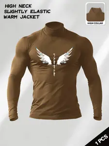 Men's High Neck Compression Shirt - Angel Wings & Vertical Typography Graphic Apparel, Slim Fit Elastic Thermal Base Layer, Warm Breathable Fabric, Ideal for Gym Workouts, Layering Under Jackets, Casual Streetwear & Alternative Fashion Gatherings, Stylish
