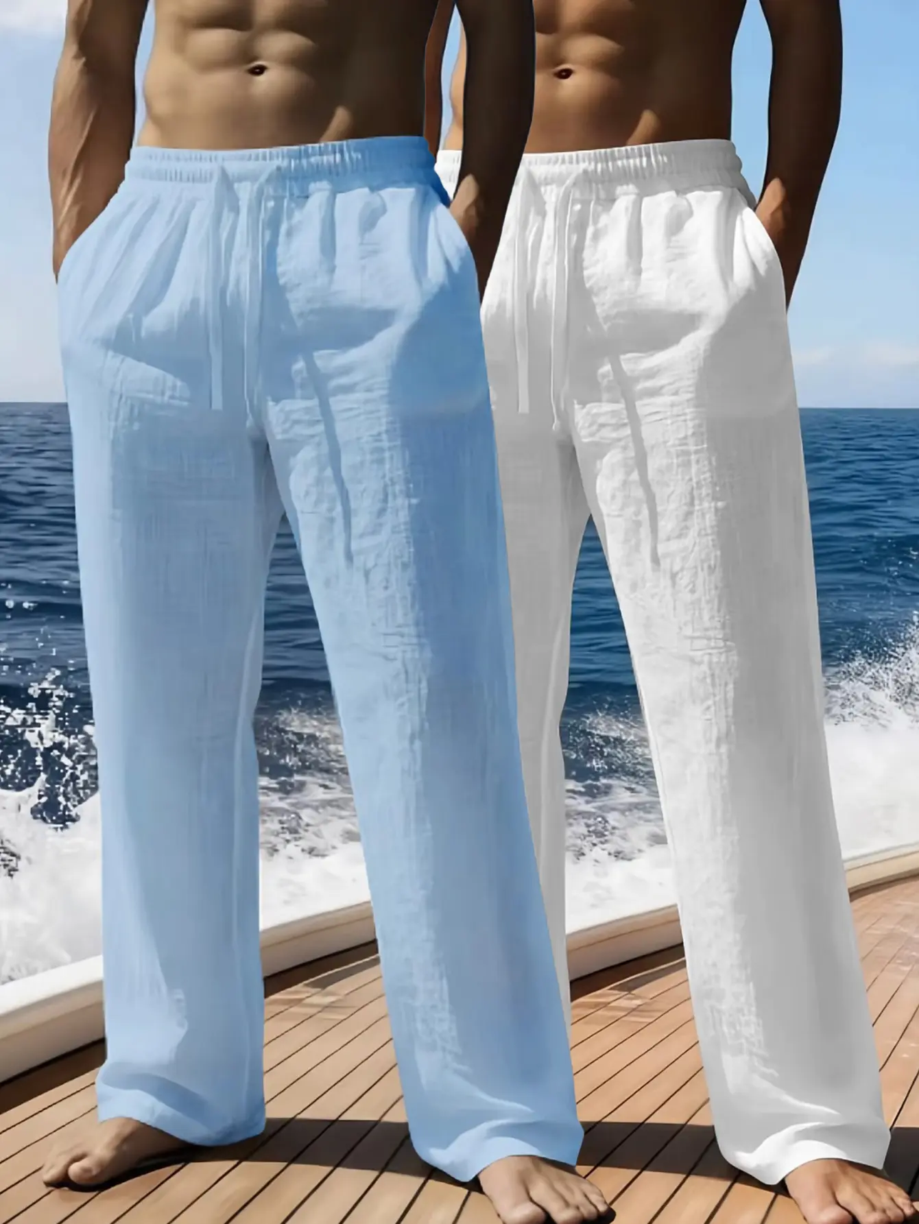 Relax fit beach linen pants featuring adjustable drawcord waistband, soft crinkled texture and convenient hand pockets, airy lightweight material, timeless resort staple for diverse mensfashion outfits.