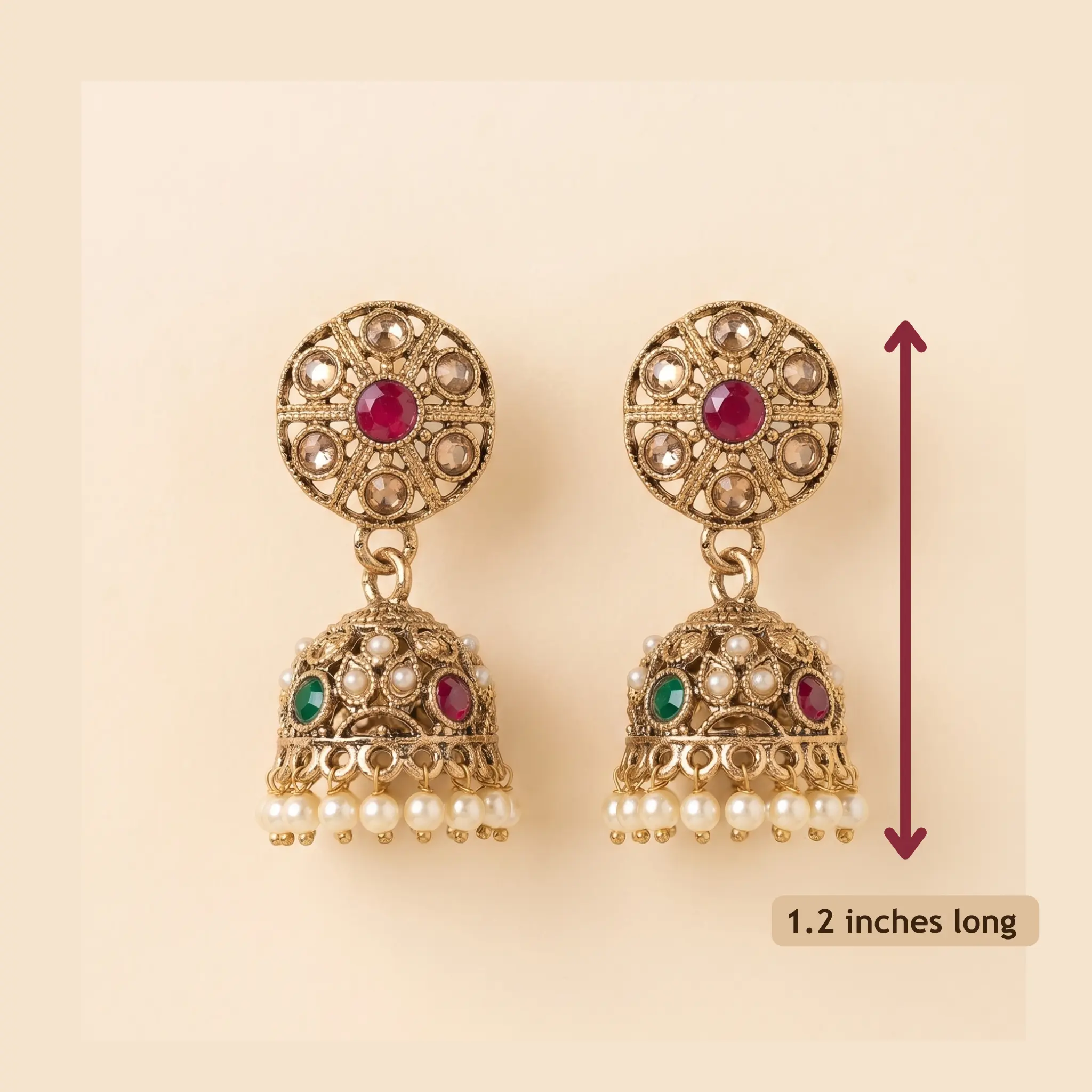 Small Polki Drop Earrings, Lightweight Pearl & Gems Small Jhumka Earrings - 1.2" Length, Classic Polki