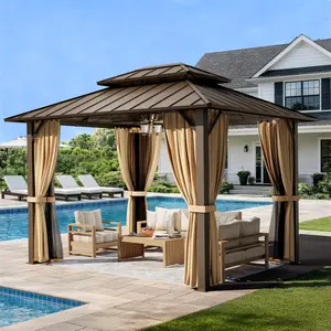 【3 BOXES SHIPPING】10x12FT Hardtop Gazebo,Galvanized Steel Double Roof with Aluminum Frame,Outdoor Permanent Pavilion with Breathable Netting & Privacy Curtain for Patio,Backyard,Deck,Lawn,Brown