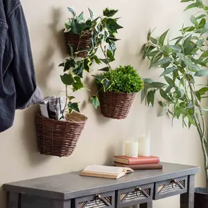 Natural Woven Wicker Hanging Wall Basket Planter Set of Three