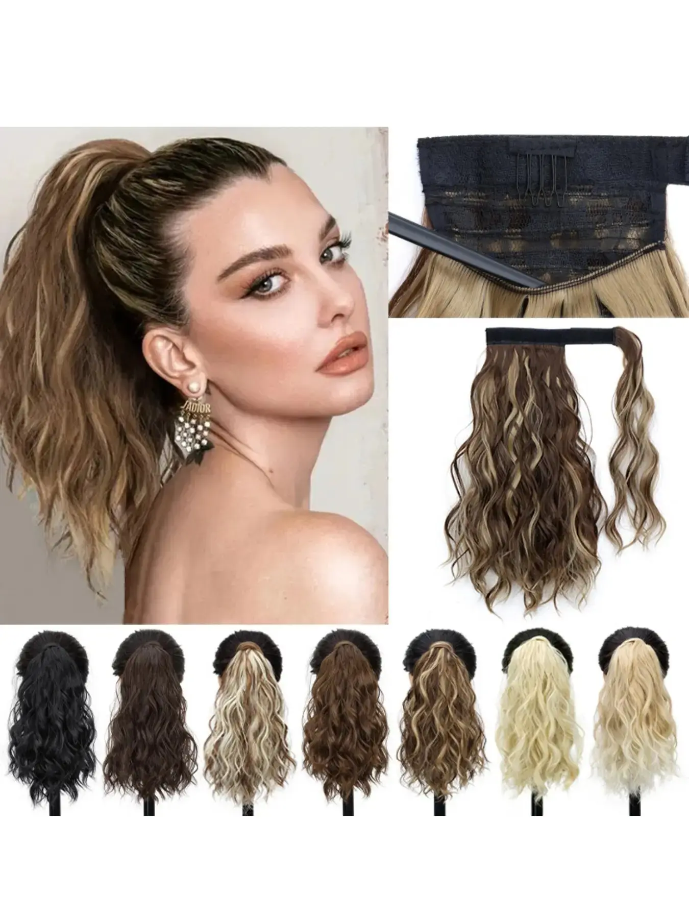 Women's Synthetic Fiber Hair Extensions, Long Curly Wave Ponytail Clip-In Extension, Wavy Ponytail Extension, Ponytail Hairpieces, Magic Tape Roll-Up Design, Natural Look