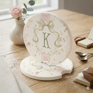 Pastel Floral Monogram Car Cup Holder Coaster, Elegant Personalized Girly Car Accessory, Decorative Car Interior Gift for Women