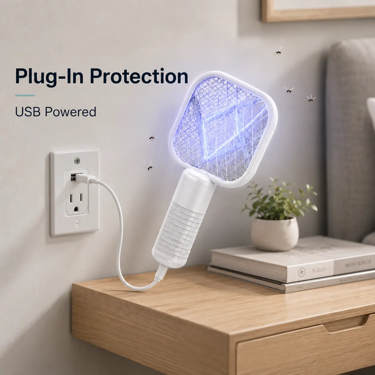 USB Mini Mosquito Swatter, 2-in-1 Portable Electric Bug Zapper Racket, Plug-In & Handheld Fly Swatter with Protective Mesh, USB Powered Indoor Insect Killer for Bedroom, Kitchen, Living Room, Camping, Travel, Patio, Small Space, White/Black Options