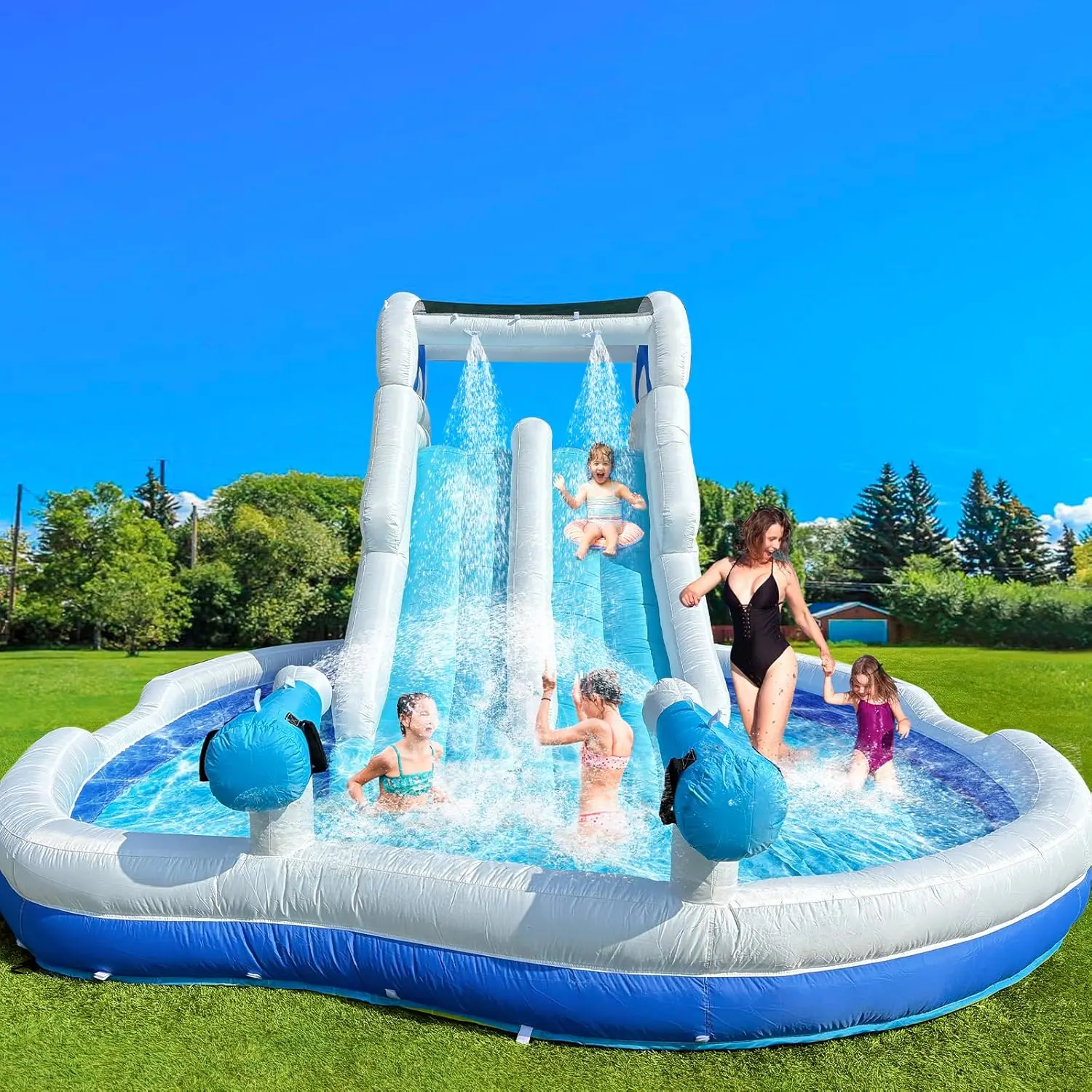 Inflatable Dual-Lane Water Slide (17.7 ft) — Large climbing inflatable water park for older children (ages 5–10) featuring an extra-large splash pool; easy to set up and inflate (includes blower, carrying bag, water hose, and storage bag) — Blue