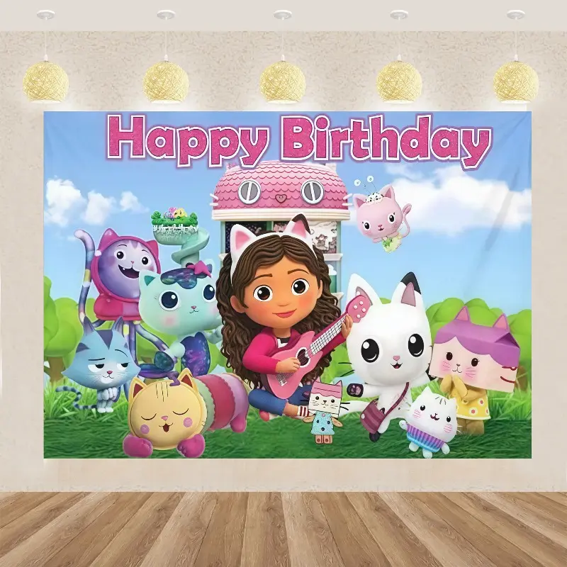 Gabby's Dollhouse Happy Birthday Backdrop Banner, Vibrant Photography Prop for Kids' Birthday Party Decor, Lightweight Easy-Install Home Festive Supply, Ideal Gift Ornament (White)