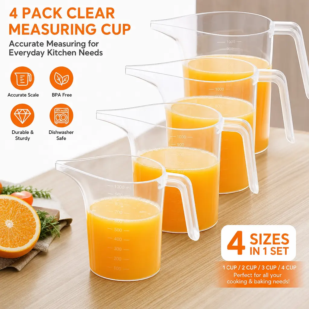 4-Pack ABS Plastic Funnel Pitcher Baking Measuring Cups - 1000ml Large Capacity Easy-Pour Kitchen Utensils, Long Spout for Mess-Free Oil/Batter/Water, Ideal for Baking, Gardening, Home Use, Jug