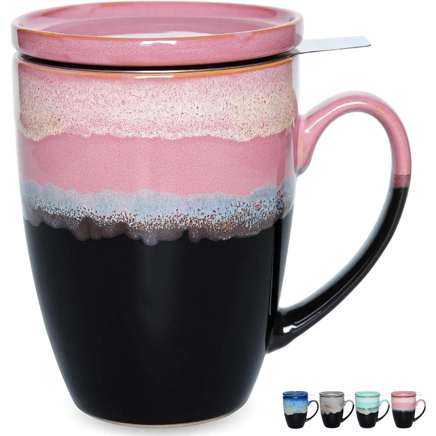 Ceramic  Cup with Infuser and Lid, 13.5 Oz, 4 Colors to Choose, Dishwasher and Microwave Safe, Reactive , Steeping  Mug with Strainer