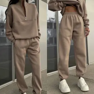 2025 Women's Simple and Unique Half Zipper Casual Set High Collar Hoodie and Loose Jogging Pants Two Piece Set Casual Fashion Clothing